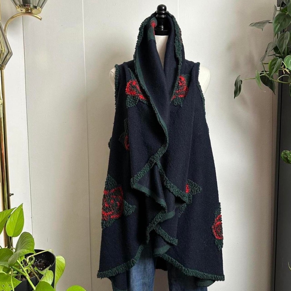 Reversible Rose Floral Poncho Shawl Navy Blue Red Whimsygoth Boho Cape